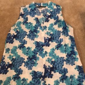 Blue and white floral chiffon sleeveless top, Med